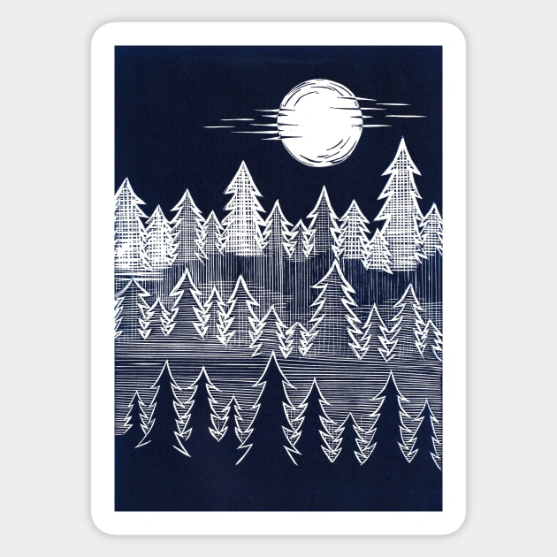 Misty, Moonlit Trees Linocut in Blue and White Sticker by Maddybennettart